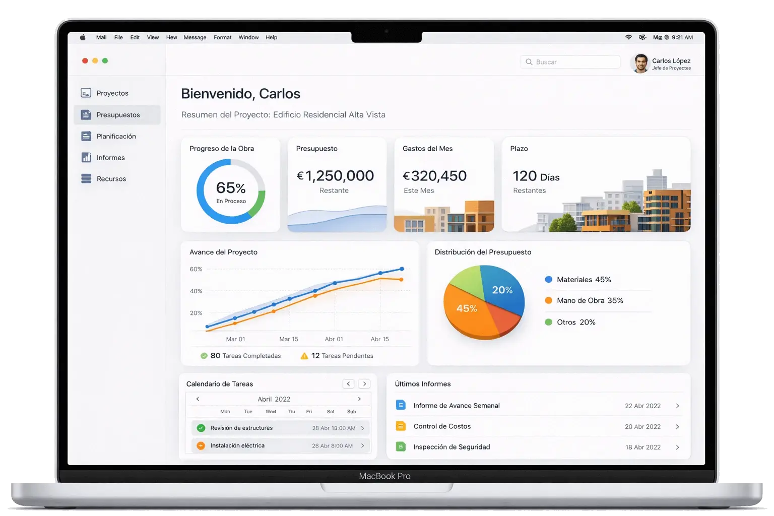 Dashboard del ERP de obras Accon con agentes de IA
